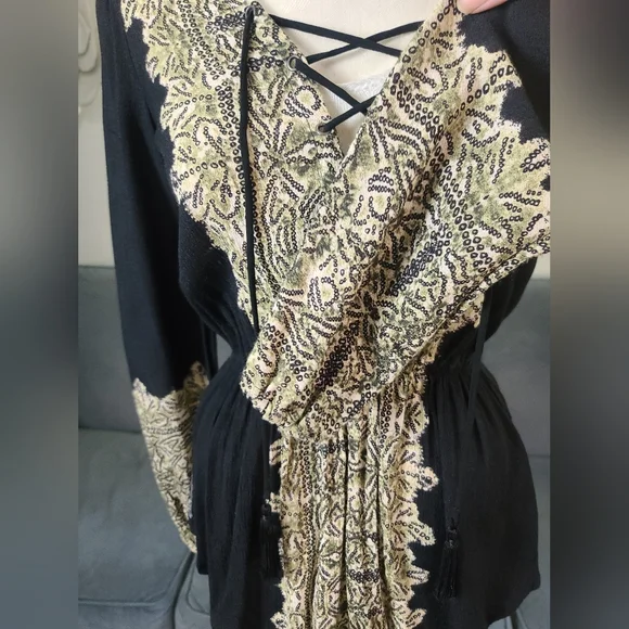 Free People Black Snake Print Boho Lace Up Front Elastic Waist Top - Picture 6 of 12